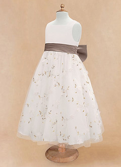 Azazie Pollie Flower Girl Dresses Ivory Taupe A-Line Bow Tulle Dress image13