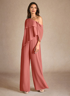 Azazie Halima Mother of the Bride Dresses Salmon Pink Jumpsuit/Pantsuit Side Slit Chiffon Dress image2