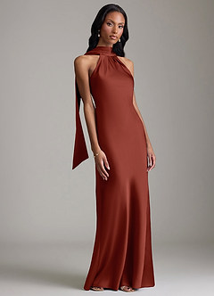 Azazie Cassiana Jurken voor bruidsmeisjes Jurk van Stretch Satijn met Zeemeermin Geplooid Terracotta image6