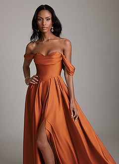 Azazie Loisa Bridesmaid Dresses Cinnamon A-Line Off the Shoulder Stretch Satin Dress image5