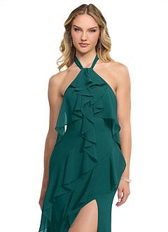 Azazie Velma Bridesmaid Dresses Peacock A-Line Side Slit Chiffon Dress image4