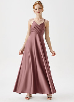 Azazie Avelina Junior Vintage Mauve A-Line Pleated Stretch Satin Dress image1
