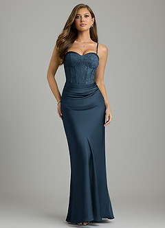 Azazie Allison Robes à essayer chez vous Robe Sirène en Satin extensible Corset Bleu Marine Foncé image1