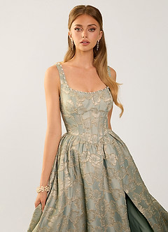 Cimaya Blau Ballkleid mit eckigem Ausschnitt und Jacquardmuster image4