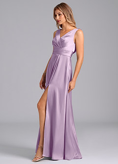 Azazie Karina Bridesmaid Dresses Frosted Lilac A-Line Pleated Stretch Satin Dress image3