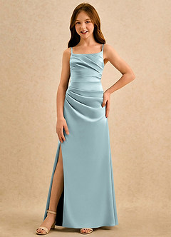 Azazie Cannoli Girls Formal Blumenmädchenkleider A-Linie Plissee Matte Satin Kleid Nebel image3