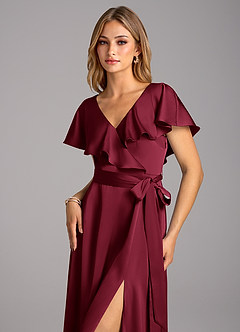 Azazie Lainey Bridesmaid Dresses Burgundy A-Line with Pockets Stretch Satin Dress image6