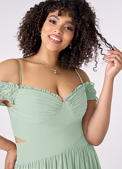 Barbie ♥ Azazie Jurken voor bruidsmeisjes Converteerbaar Jurk van Chiffon met A-Lijn Off the Shoulder Agave image8