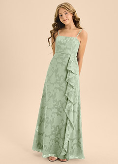 Azazie Kaylee Junior Dusty Sage A-Line with Belt Floral Burnout Dress image1