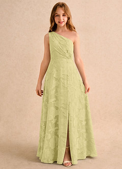 Azazie Pudles Girls Formal Robe Demoiselle D'honneur Fillette Robe Trapèze en Blumen-Burnout Asymétrique Sorbet Citron image4