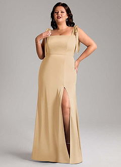 Azazie Frostine Bridesmaid Dresses Gold A-Line Bow Stretch Satin Dress image1