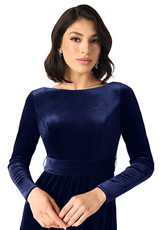 Azazie Brynn Bridesmaid Dresses Dark Navy A-Line Long Sleeve Velvet Dress image3