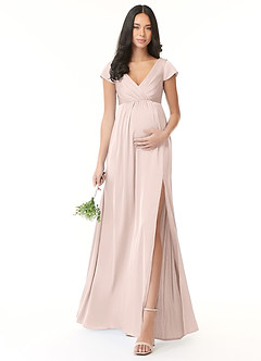 Azazie Allessia Maternity Bridesmaid Dresses A-Line Pleated Stretch Satin Floor-Length Dress image1
