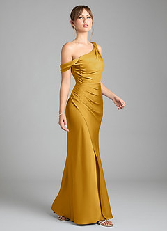Azazie Madelyn Bridesmaid Dresses Butterscotch Mermaid One Shoulder Stretch Satin Convertible Dress image5