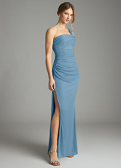 Azazie Tati Final Sale Steel Blue Sheath Off the Shoulder Mesh Dress image3