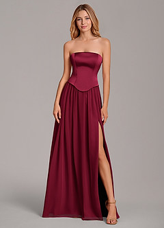 Azazie Cadence Vestidos de damas de honor Vestido de Borgoña de Satén Elástico de Corte en A Convertible con Corsé image5