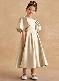 Azazie Sugarplum Flower Girl Dresses Champagne A-Line with Sleeves Matte Satin Dress image6