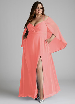 Azazie Cienna Bridesmaid Dresses Coral A-Line Off the Shoulder Chiffon Dress image9
