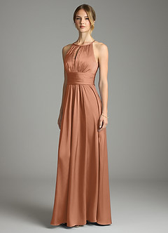 Azazie Bonnie Bridesmaid Dresses Bronzer A-Line Pleated Stretch Satin Dress image1
