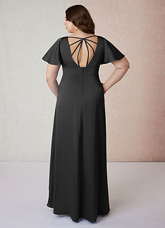 Azazie Lani Bridesmaid Dresses Black A-Line Flounce Sleeve Stretch Satin Dress image8