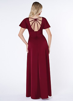 Azazie Lani Bridesmaid Dresses Burgundy A-Line Flounce Sleeve Stretch Satin Dress image2