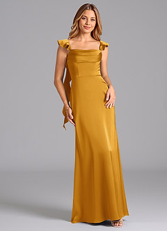 Azazie Adi Vestidos de madrinha de casamento Vestido Caramelo de Cetim elástico de Linha A com Plissado image1