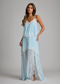 front Chiffon-Brautmorgenmantel/Nachthemd mit Spitzenbesatz, V-Ausschnitt, Seitenschlitz und langem Unterkleid