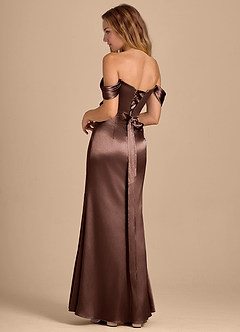 Azazie Shea Bridesmaid Dresses Espresso Mermaid Off the Shoulder Metallic Satin Convertible Dress image5