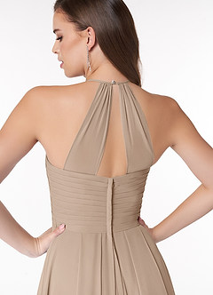 Azazie Ginger Bridesmaid Dresses Taupe A-Line Halter Pleated Chiffon Dress image3