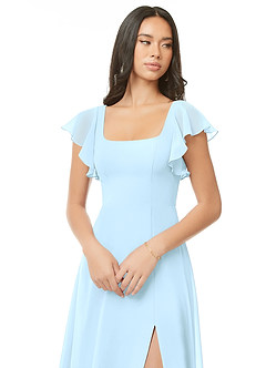 Azazie Bondi Brautjungfernkleider A-Linie Gestreift Chiffon Kleid Himmelblau image4