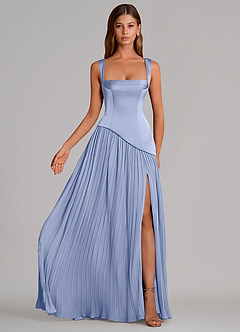 Azazie Stephanie 신부 들러리 드레스 A라인 주름진 스트레치 새틴 바닥 길이 드레스 image4