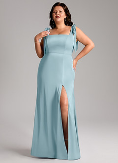 Azazie Frostine Bridesmaid Dresses Moody Blue A-Line Bow Stretch Satin Dress image9
