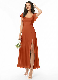 Azazie Bondi 신부 들러리 드레스 A라인 셔링 쉬폰 발목 길이 드레스 image1