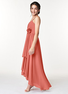 Azazie Catalina Junior Salmon Pink A-Line Ruched Chiffon Dress image5