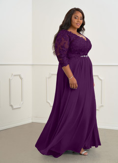 Azazie Hayek Kleider für die Brautmutter A-Linie V-Hals Spitze Chiffon Kleid Traube image8