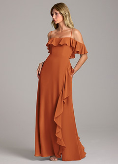 Azazie Aubrie Bridesmaid Dresses Cinnamon A-Line Off the Shoulder Chiffon Dress image3