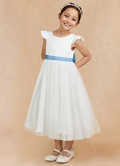 Azazie Hemi Flower Girl Dresses Ivory Steel Blue A-Line Bow Tulle Dress image2