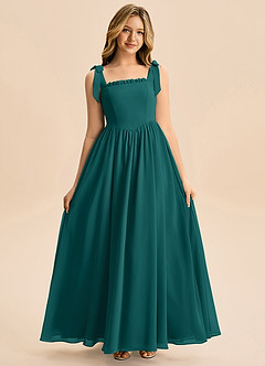 Azazie Delia Junior Abito A-Line in Chiffon Fiocco Verde Pavone image3