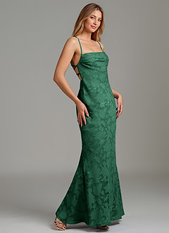 Azazie Ola Bridesmaid Dresses Dark Green Mermaid Corset Floral Burnout Dress image3