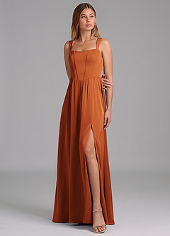 Azazie Rosaline Bridesmaid Dresses Cinnamon A-Line Side Slit Stretch Satin Dress image4