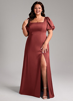 Azazie Fyona Robes de demoiselle d'honneur Robe Trapèze en Satin extensible Plissé Terracotta image1