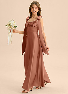 Azazie Halley Junior Abito A-Line in Raso Elasticizzato Fiocco Bronzo image3