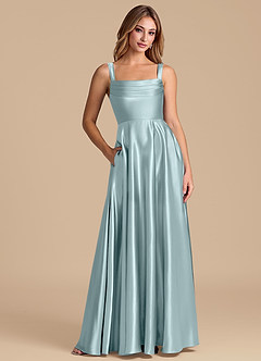 Azazie Shaude 신부 들러리 드레스 A라인 주름진 메탈릭 새틴 바닥 길이 드레스 image1