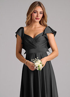 Azazie Leilani Bridesmaid Dresses Black A-Line Ruched Stretch Satin Dress image5