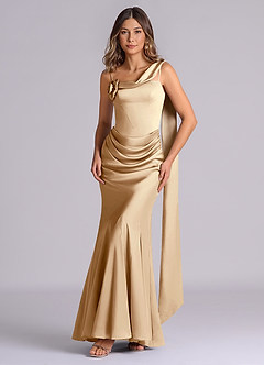 Azazie Inara Suknie dla druhen Syrena Pofałdowany Satyna elastyczna Do ziemi Sukienka image1