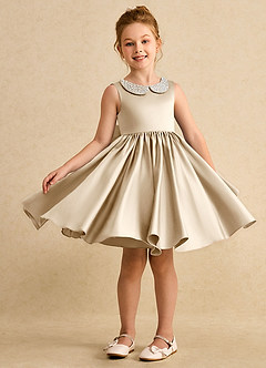 Azazie Chickpea Flower Girl Dresses Champagne A-Line Bow Matte Satin Dress image1