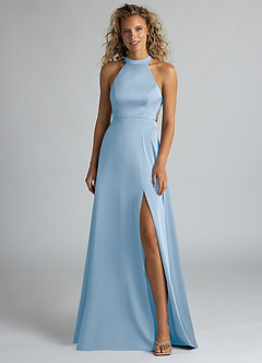 Azazie Clarice Abiti da Damigella Abito A-Line in Raso Elasticizzato Collo Alto Azzurro Polvere image4