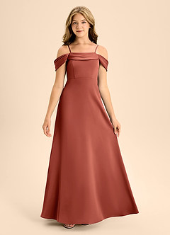 Azazie Anselie Junior Jurk van Stretch Satijn met A-Lijn Off the Shoulder Terracotta image7