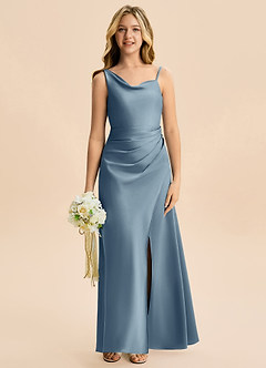 Azazie Abby Junior Robe Trapèze en Satin extensible Plissée Bleu Poussiéreux image4