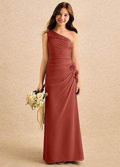 Azazie Sophie Girls Formal Robe Demoiselle D'honneur Fillette Robe Fourreau en Mousseline de soie Une épaule Terracotta image1